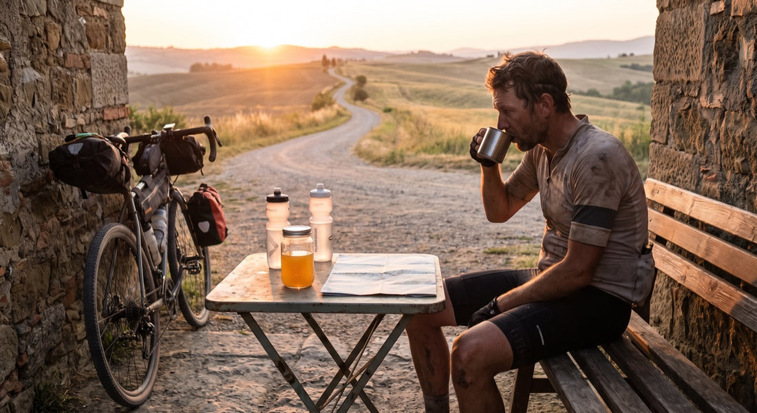 Long-distance cyclist at an Audax control stop with water bottles for randonneuring hydration