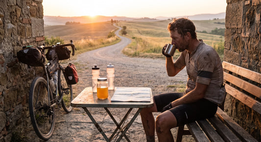 Long-distance cyclist at an Audax control stop with water bottles for randonneuring hydration