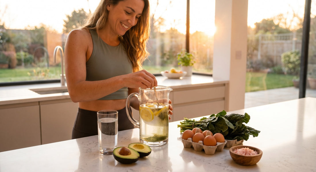 Person preparing a keto-friendly electrolyte drink in a bright kitchen
