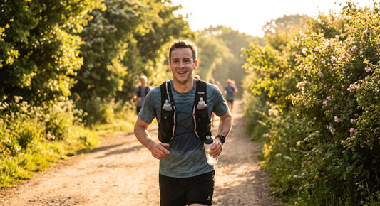 Runner wearing a hydration vest preparing electrolyte hydration for marathon training