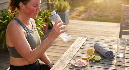 Person mixing an electrolyte drink after a sweaty outdoor workout