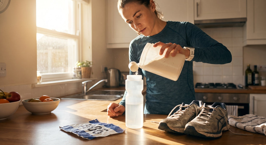 Runner preparing a bottle with electrolyte powder before a long run