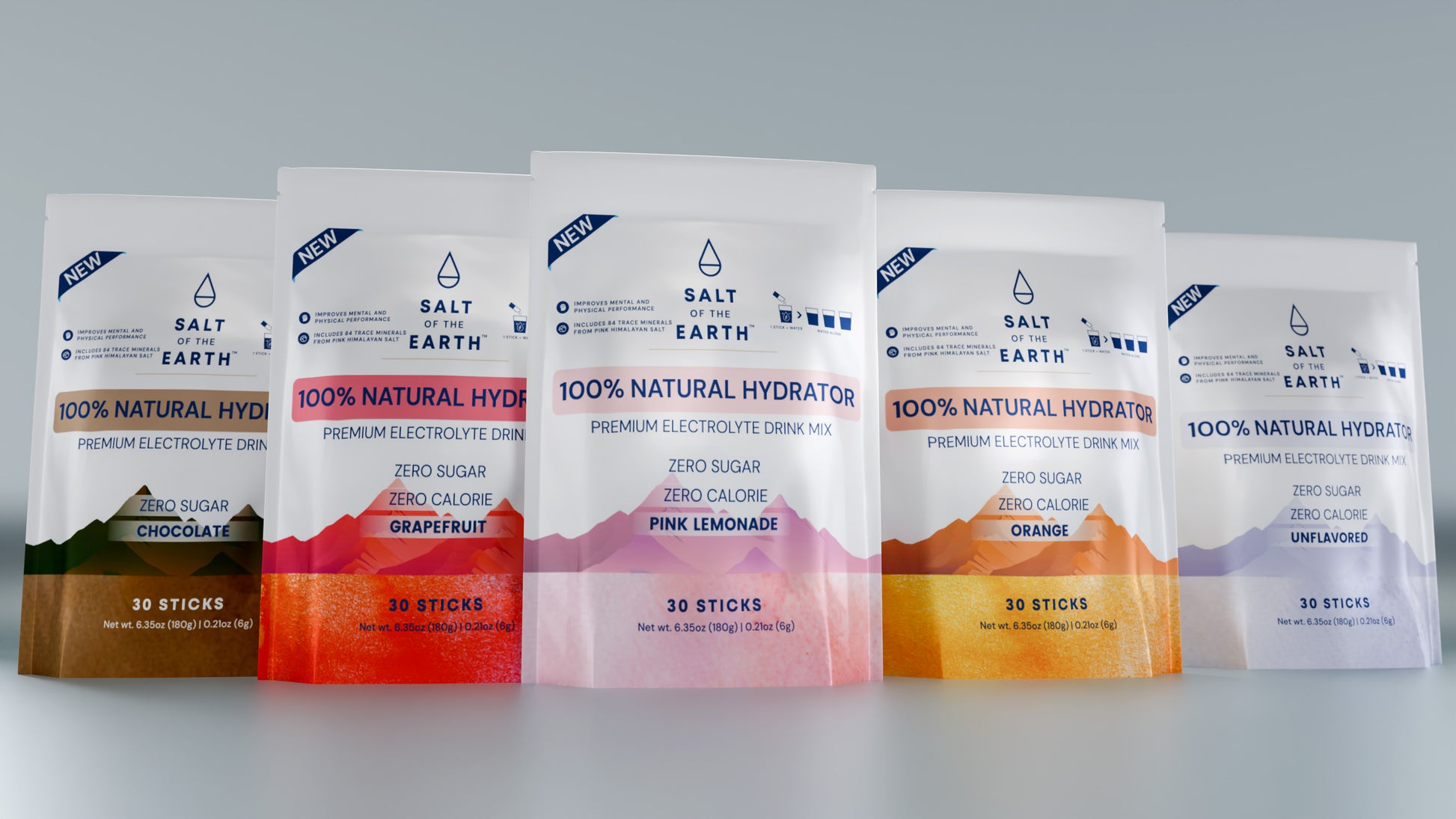 variety pack of 30 stick bags of pink lemonade, orange, grapefruit, chocolate, and unflavored salt of the earth electrolytes