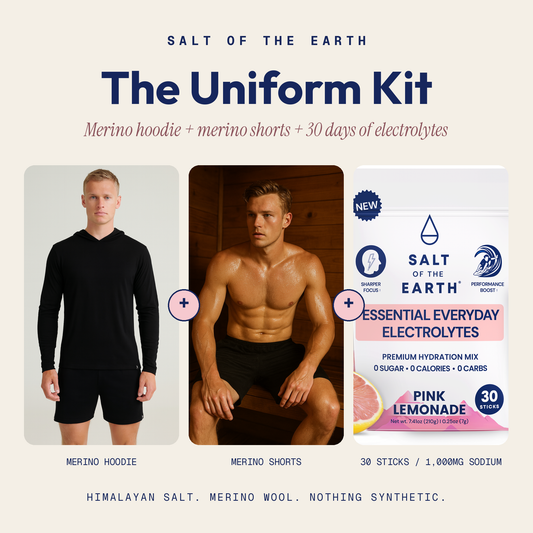 The Uniform Kit — merino hoodie, merino shorts, and 30-stick bag of Salt of the Earth electrolytes